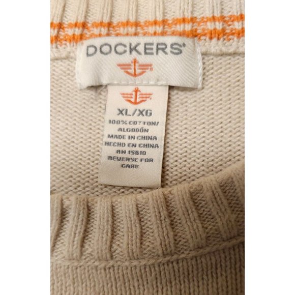 Dockers Mens XL Tan Beige Striped Crew Neck Knit 100% Cotton Long Sleeve Sweater - Picture 10 of 10